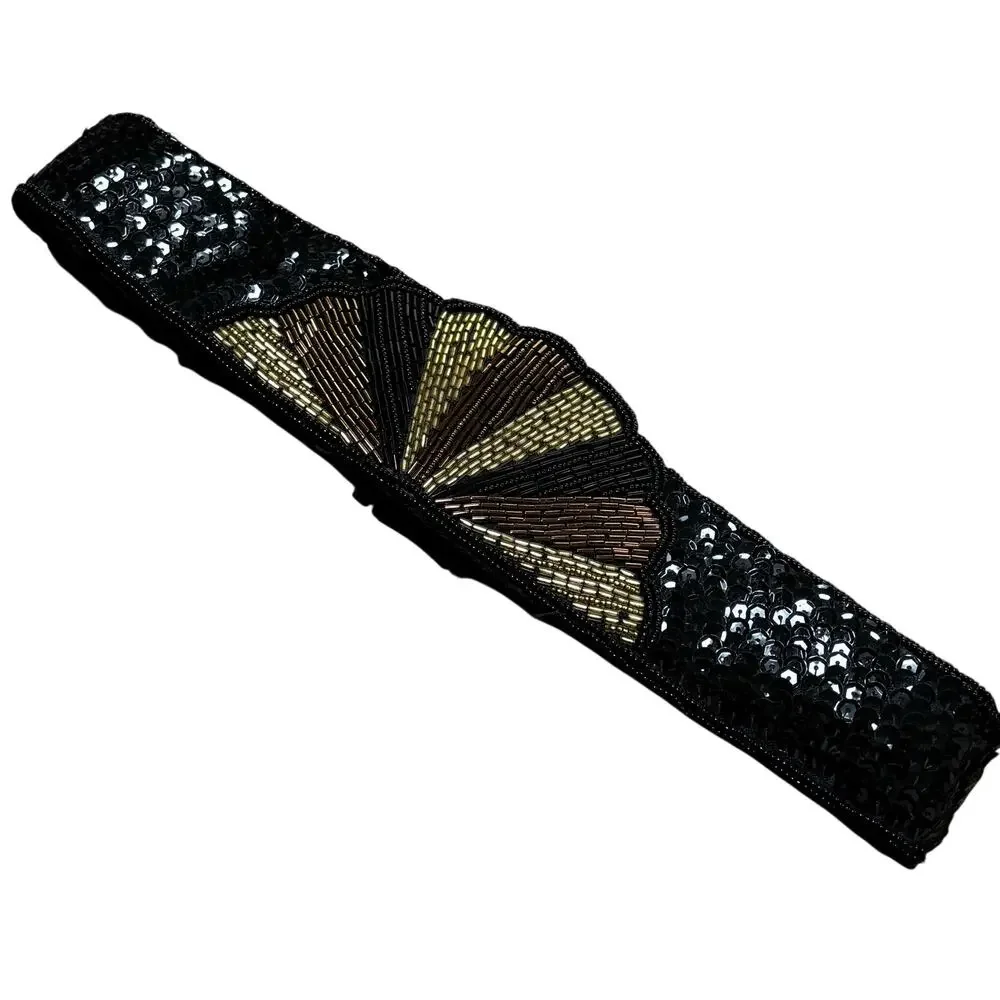 Vintage 1990's Ladies Cumberbund belt Cafe Society black satin gold silver beads